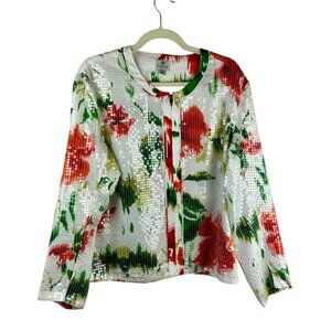 Chicos Floral Sequin Jacket Women Large 2 White Orange Green Zip Front Event